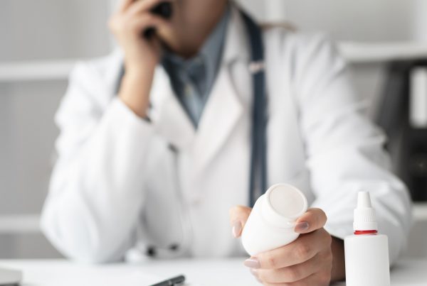 Una profesional de la salud sostiene un frasco de medicamento mientras atiende una llamada telefónica en su consultorio. La imagen refleja la importancia de la farmacovigilancia y el asesoramiento médico en el uso seguro de los fármacos.