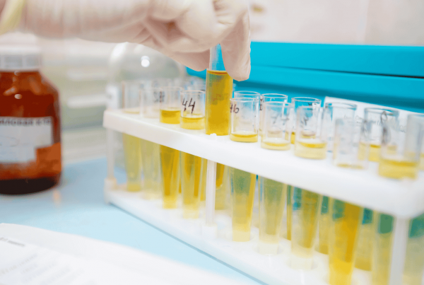 Muestras de orina en tubos de ensayo en un laboratorio, utilizadas en la investigación de biomarcadores para cáncer de vejiga y urológico superior.