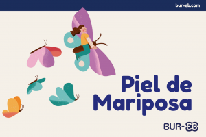 Ilustración de portada sobre piel de mariposa (Epidermólisis Bullosa): una persona convertida en mariposa, con alas moradas y turquesas, junto a otras mariposas de colores en tonos rosa, naranja y verde, sobre fondo crema. Texto "Piel de Mariposa" en azul marino y logotipo BUR-EB en la esquina inferior derecha.
